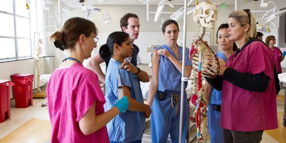 students and faculty examine a skeletal model at the anatomy learning center