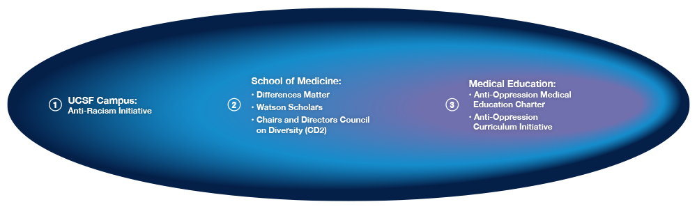 A graphic illustrating the relationship between UCSF campus, School of Medicine, and Medical Education diversity, equity, and inclusion initiatives