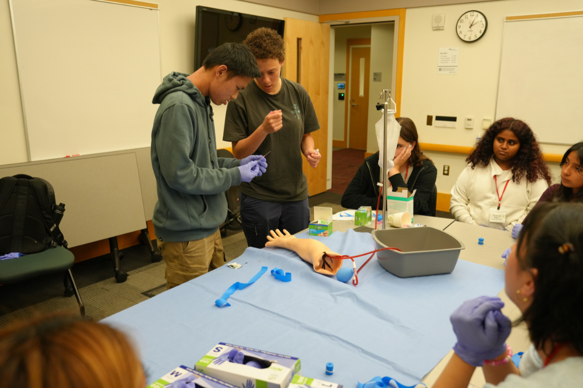 A medical student shows how to start IV lines using simulation equipment