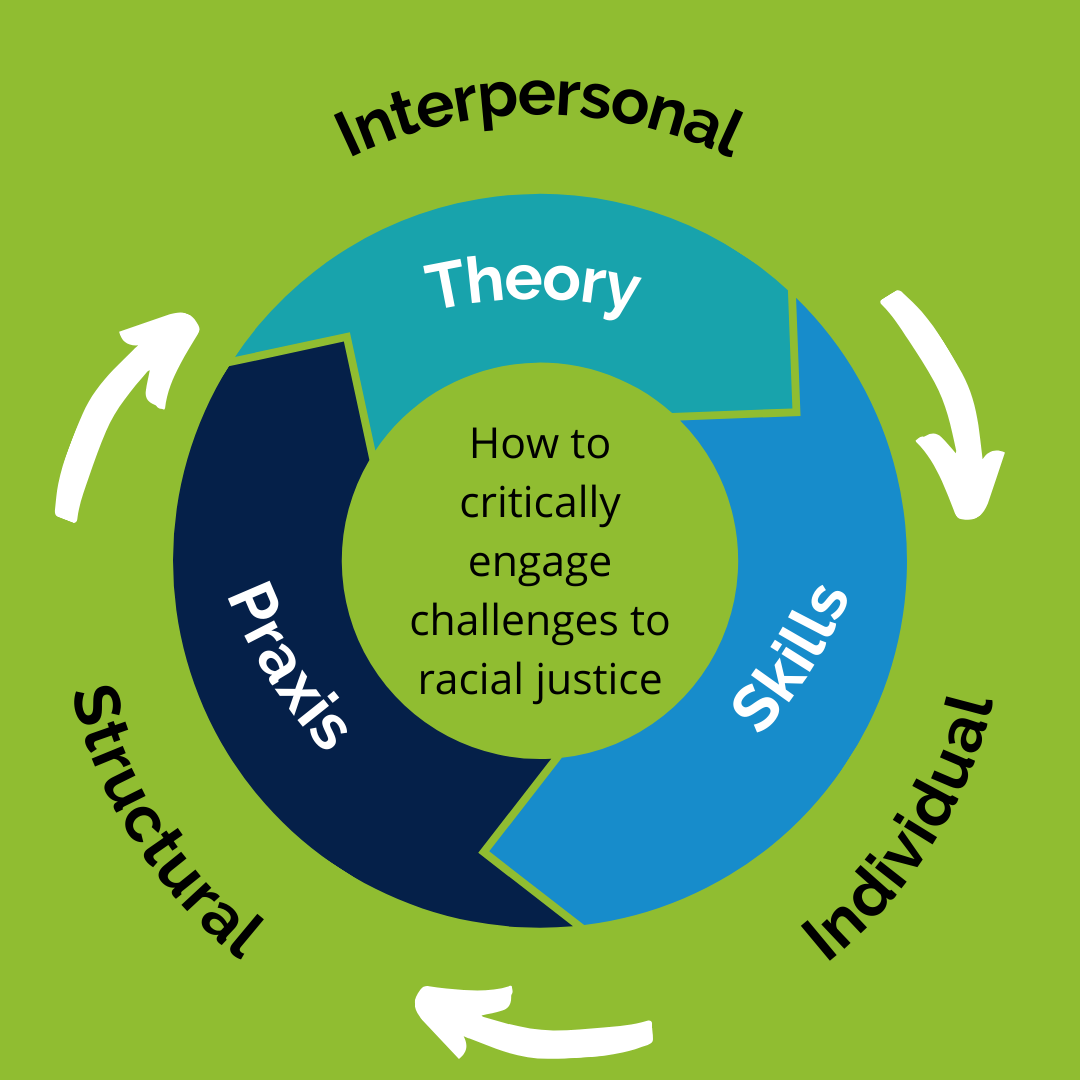 How to critically engage challenges in racism by using theory, skills, praxis on an individual, interpersonal and structural level