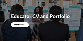 Faculty member presenting in front of a poster.  The text overlay says Educator Tutorial Start Course.