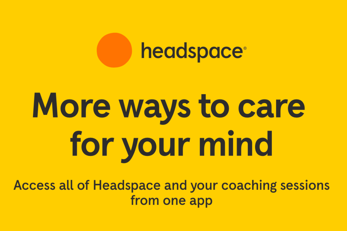 Graphic reading Headspace Care More ways to care for your mind smiling orange circle on a yellow background