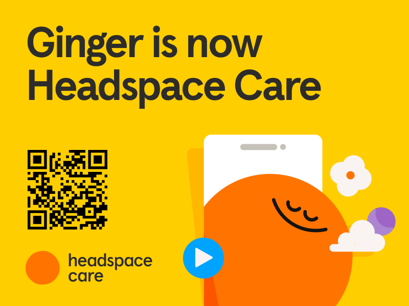 Graphic reading Ginger is now Headspace Care showing a QR code and a smiling orange circle on a yellow background