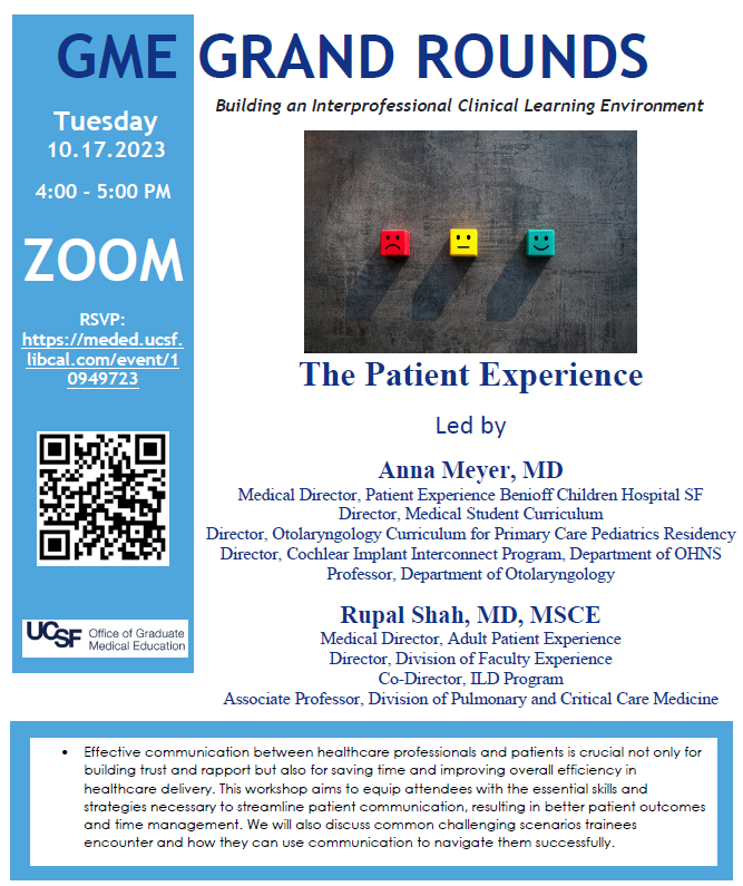 October 2023 GME Grand Rounds Flyer on the Patient Experience