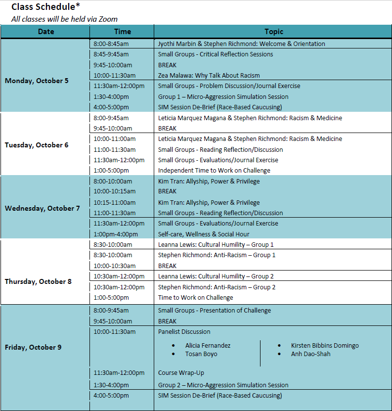 Sample Course Schedule from Fall 2020