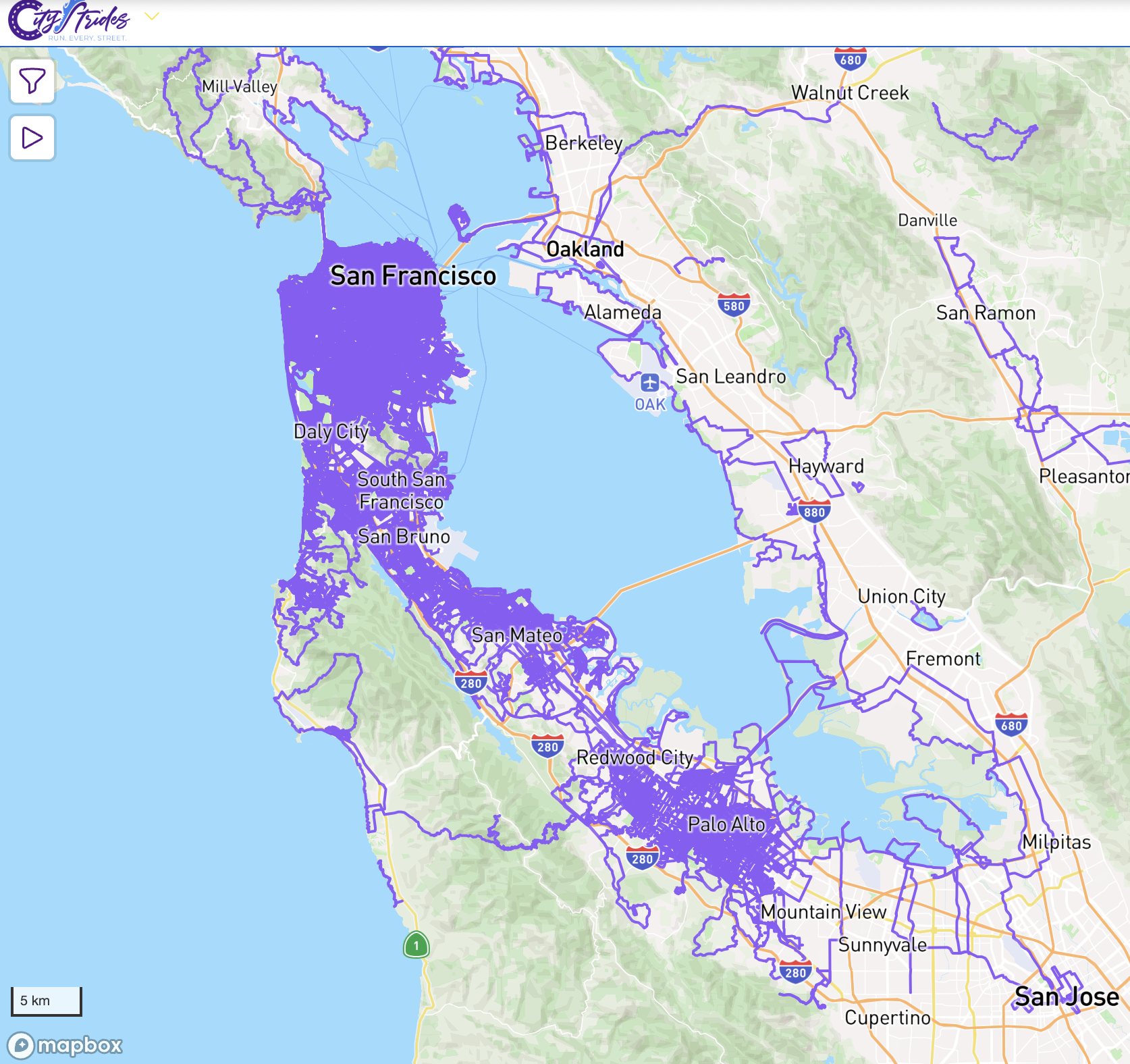 A map of the bay area highlighting the streets where Dr. Patrick has logged runs.
