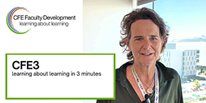 CFE Faculty Development presentation slide featuring a faculty member in a professional setting. Text reads: CFE3 learning about learning in 3 minutes.