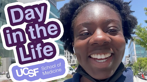 Screenshot from Day in the Life of a first-year medical student video showing a smiling student