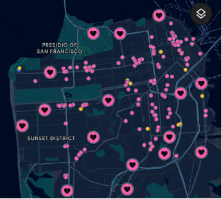 map of San Francisco with favorite eateries marked with dots