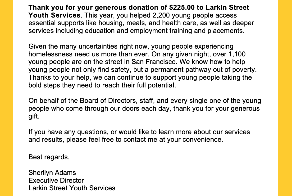 thank you letter from donation to Larkin Street Youth