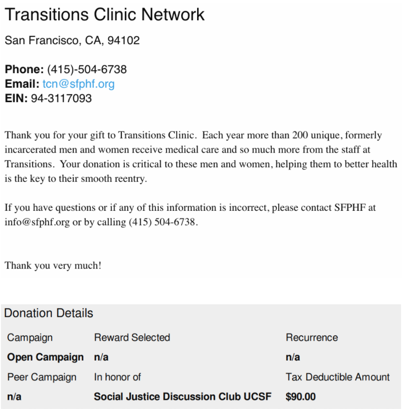 thank you letter from transitions clinic network for donation