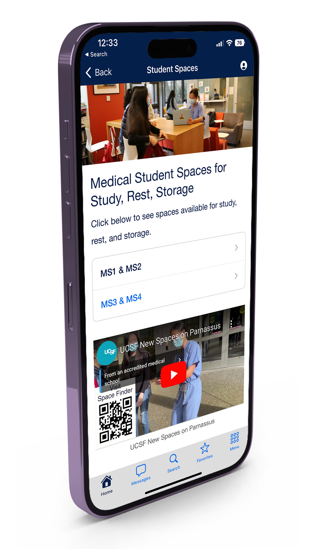 phone displaying a screen from the student space finder section of the UCSF Mobile app