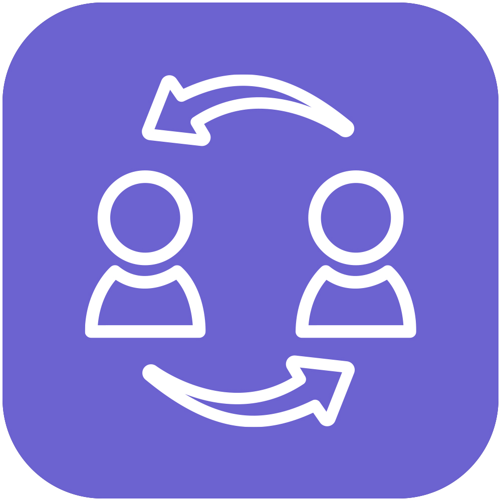purple icon with imagery of two human figures exchanging ideas