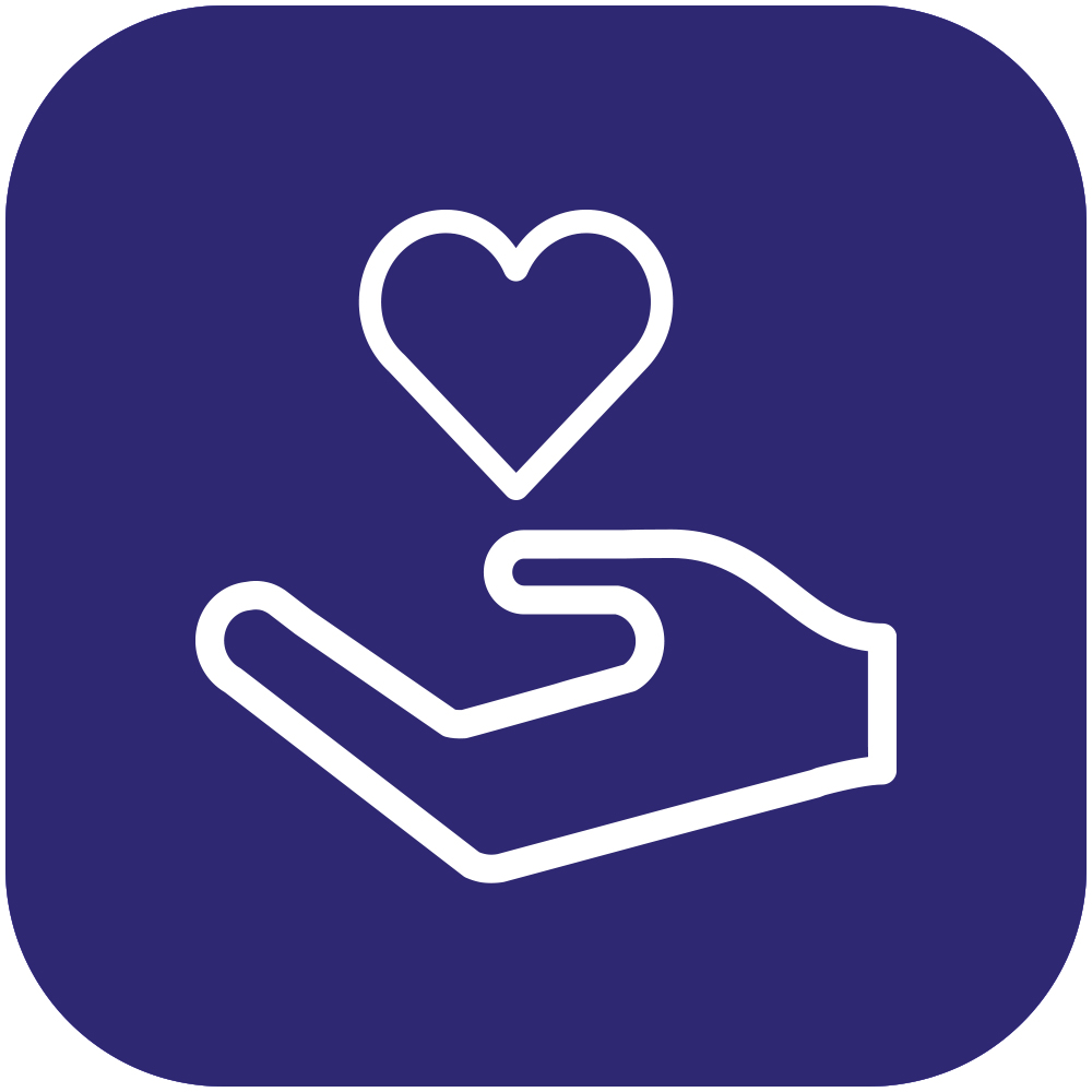 purple icon with a hand holding out a heart
