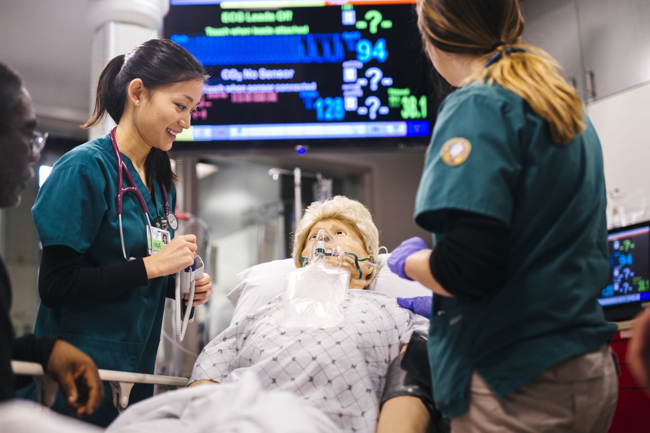 Students from the School of Nursing practice in the Kanbar Simulation Center. Photo by Anastasiia Sapon.