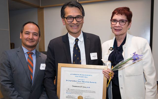 Left to Right: Brian Lin, MD, Chair of VCP Advisory Board; Laurence Yee, MD, recipient of Charlotte Baer Memorial Award 2019; and Catherine Lucey, MD, Executive Vice Dean for Education. Photo by Elisabeth Fall